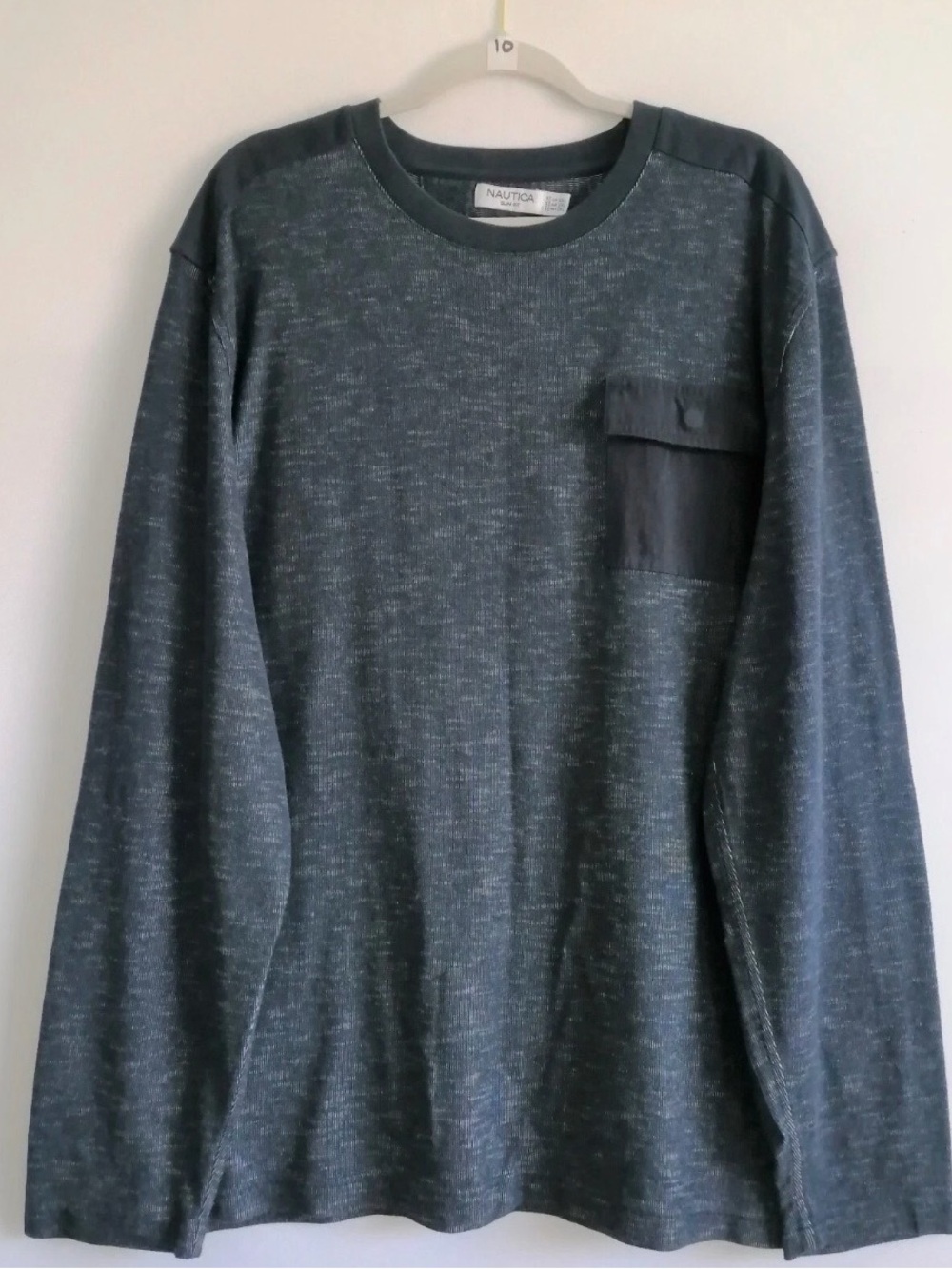Nautica Men's Long-Sleeve Heathered Dark Blue Crew with Chest Pocket